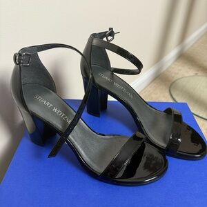 NWOT Stuart Weitzman Black Patent Leather Women's Block Ankle Strap Heels